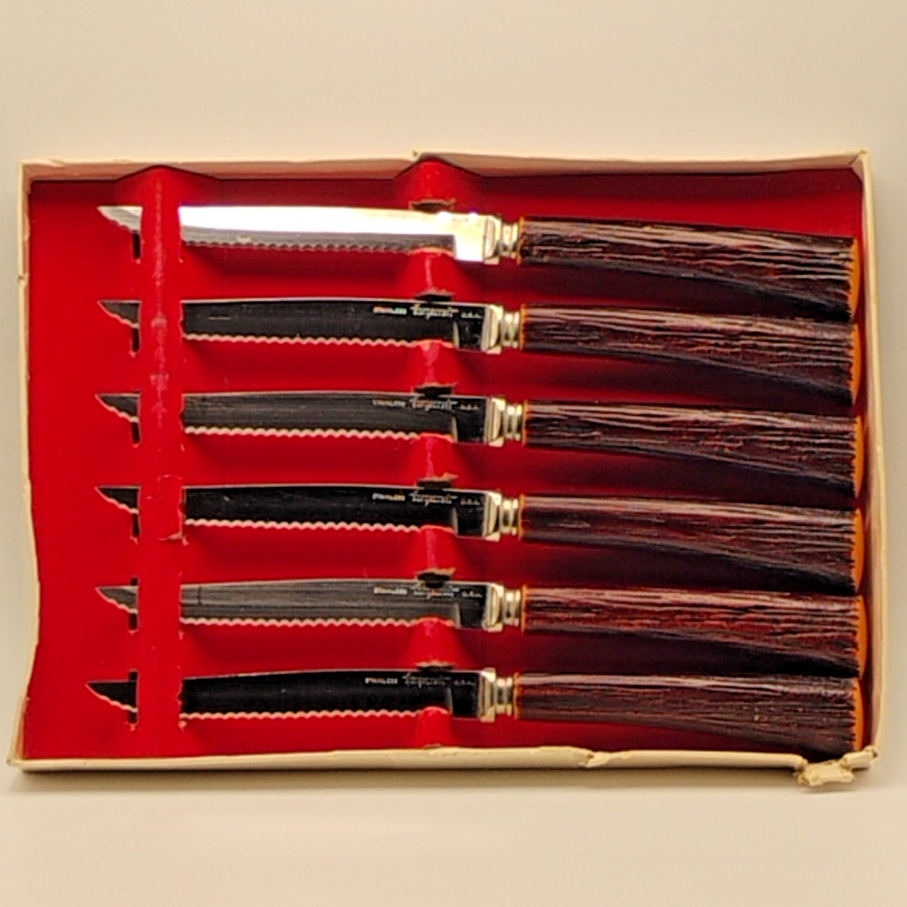 Vintage Forgecraft USA Steak Knive Set of 6 Faux Stag Antler MCM Stainless